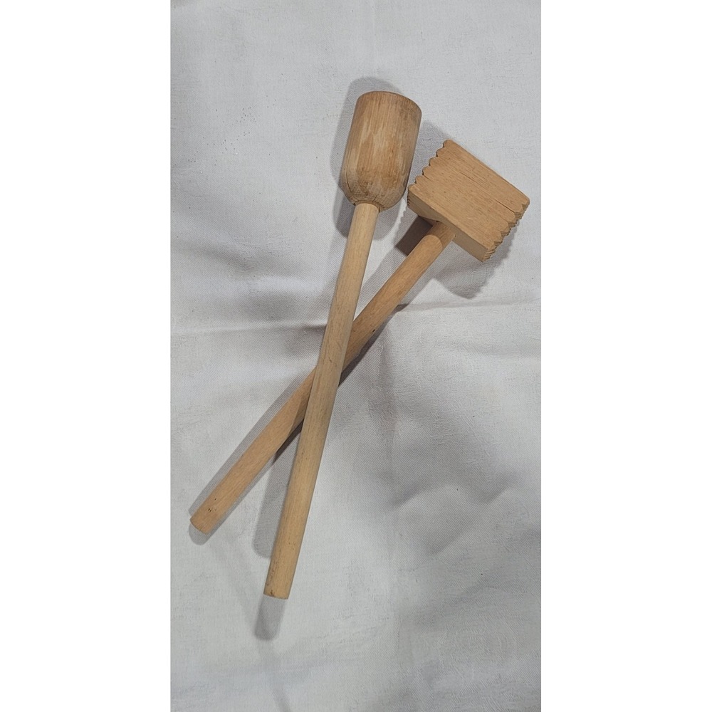 2 Vtg Kitchen Wooden Masher & Tenderizer